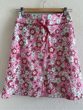 Y2K Pink Floral A-Line Skirt with Red Trim Size 2